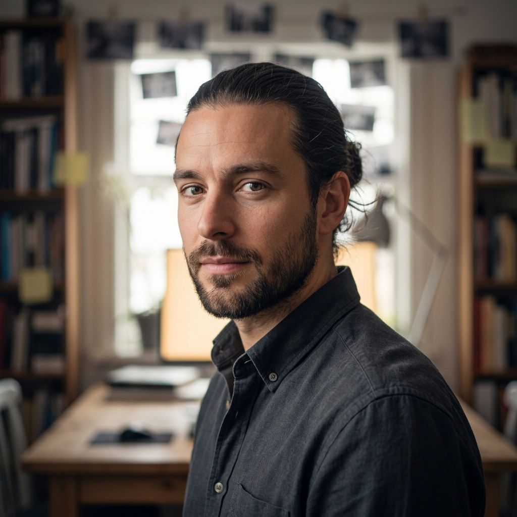 Porträtt av Alex Ericsson i arbetsrummet, med bokhyllor och uppnålade fotografier i bakgrunden