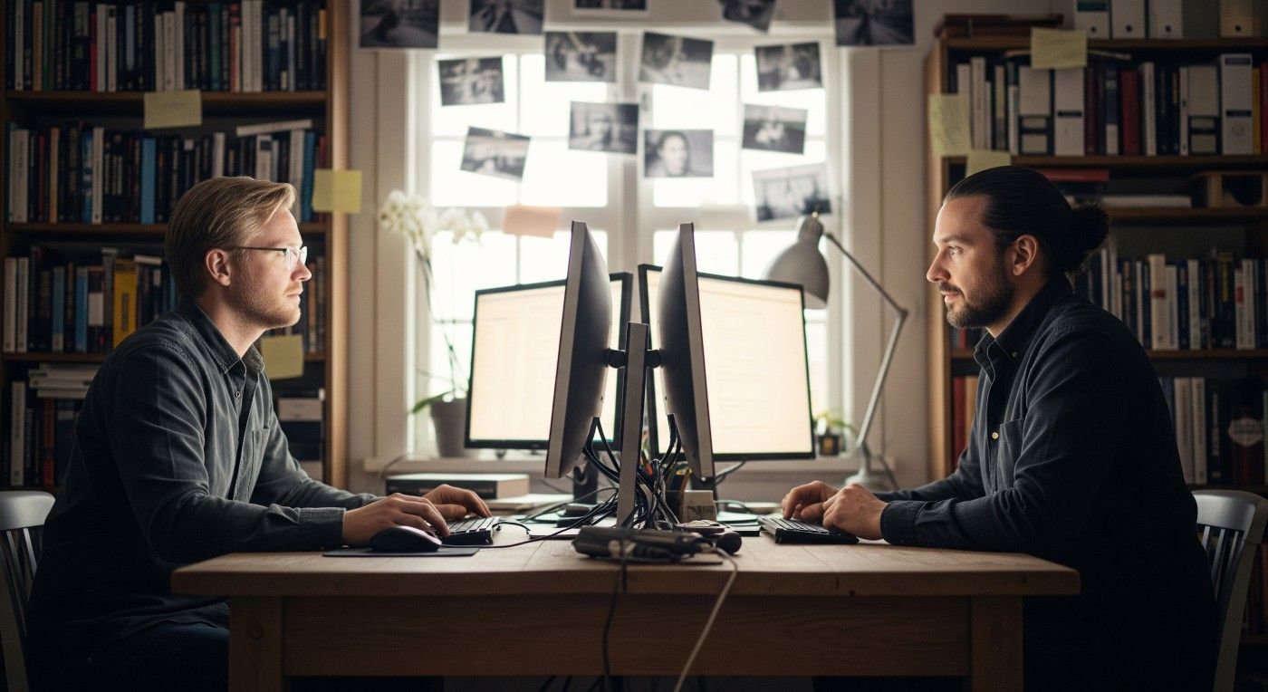 Martin och Alex, som står bakom Kalla Fall Sverige, vid varsin dator framför en vägg med utredningsfoton