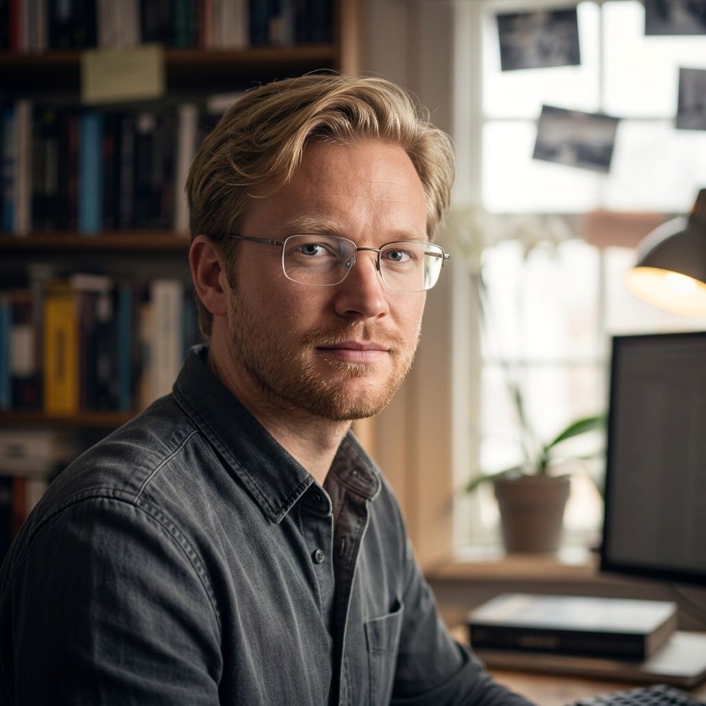 Porträtt av Martin Andersson vid skrivbordet, med bokhyllor och uppnålade fotografier i bakgrunden